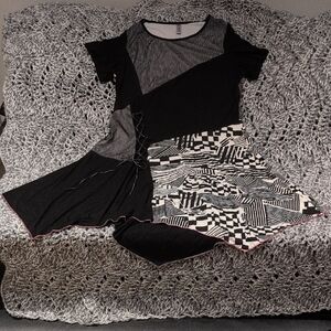 329 - Miss Nikky -Ska Punk Checkerboard Patchwork Dress Corset Lace Up Asym Hem